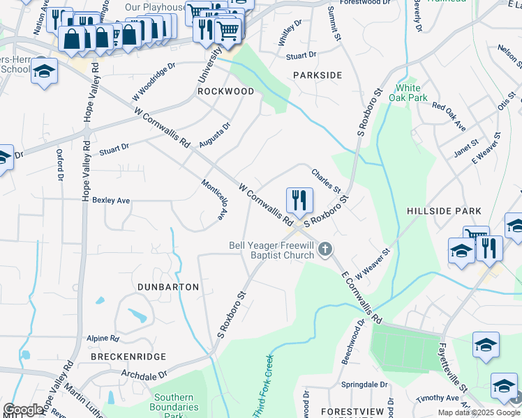 map of restaurants, bars, coffee shops, grocery stores, and more near 129 West Cornwallis Road in Durham