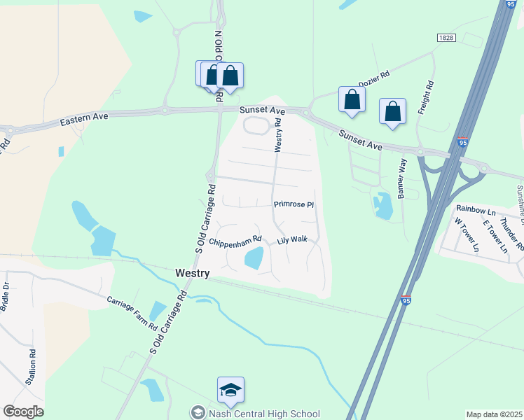 map of restaurants, bars, coffee shops, grocery stores, and more near 4709 Primrose Place in Rocky Mount
