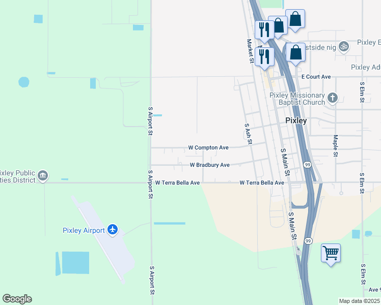 map of restaurants, bars, coffee shops, grocery stores, and more near 600-1098 West Compton Avenue in Pixley