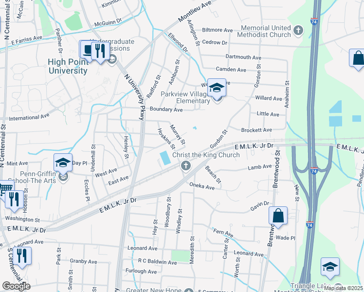 map of restaurants, bars, coffee shops, grocery stores, and more near 201 Murray Street in High Point