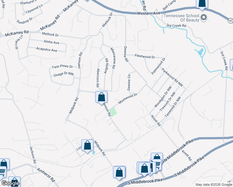 map of restaurants, bars, coffee shops, grocery stores, and more near 4104 Mascarene Road in Knoxville