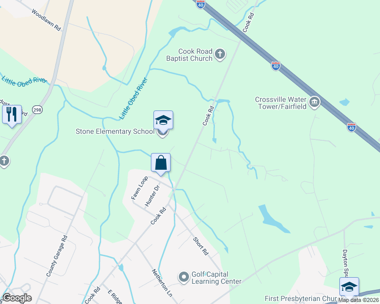 map of restaurants, bars, coffee shops, grocery stores, and more near 34 Hilltop Drive in Fairfield Glade