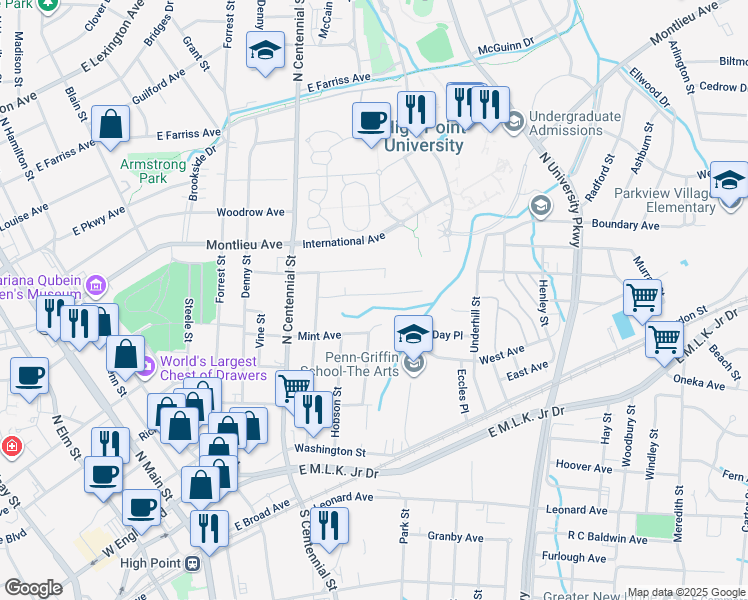 map of restaurants, bars, coffee shops, grocery stores, and more near 828 Willow Place in High Point