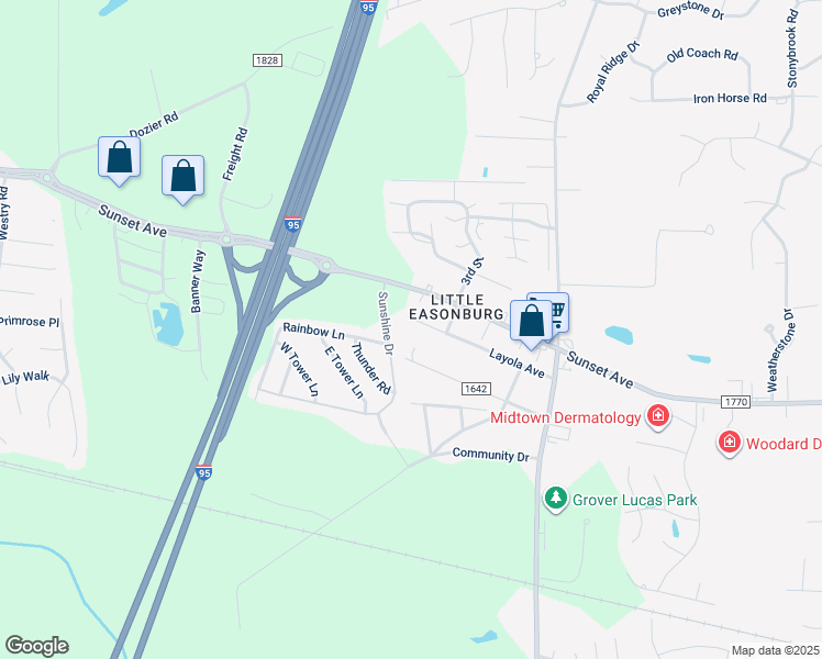 map of restaurants, bars, coffee shops, grocery stores, and more near Layola Avenue in Rocky Mount