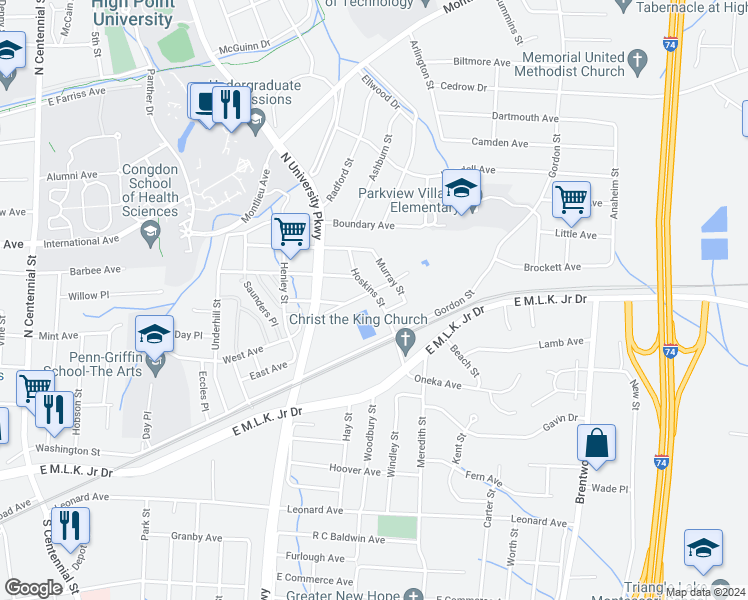 map of restaurants, bars, coffee shops, grocery stores, and more near 1730 Brooks Avenue in High Point