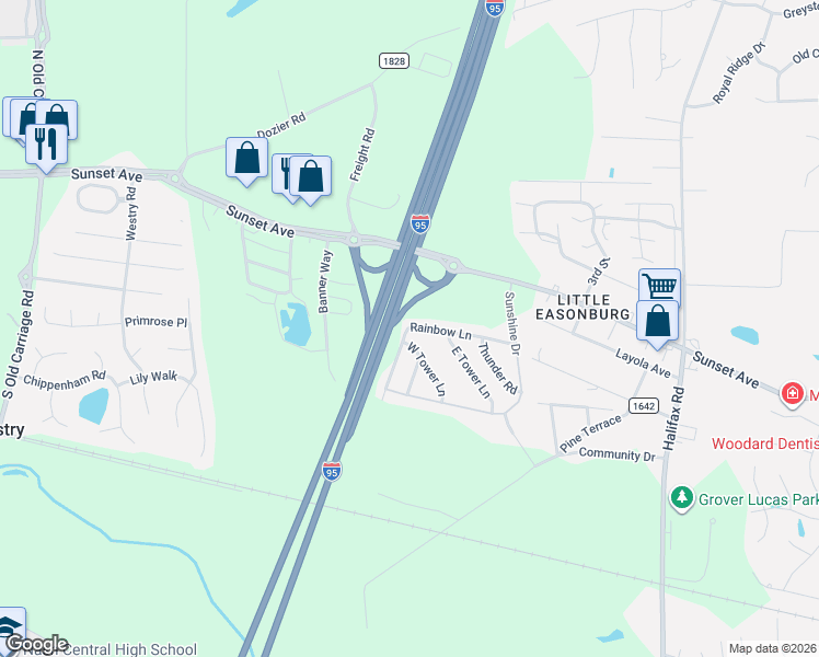 map of restaurants, bars, coffee shops, grocery stores, and more near 4516 Rainbow Lane in Rocky Mount