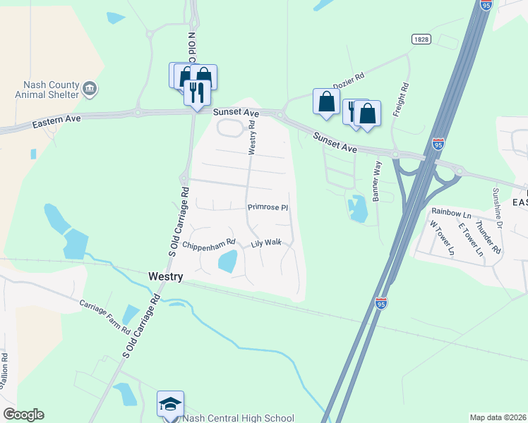 map of restaurants, bars, coffee shops, grocery stores, and more near 4624 Primrose Place in Rocky Mount