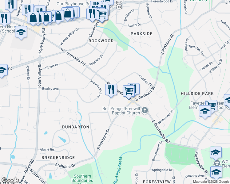 map of restaurants, bars, coffee shops, grocery stores, and more near 201 West Cornwallis Road in Durham
