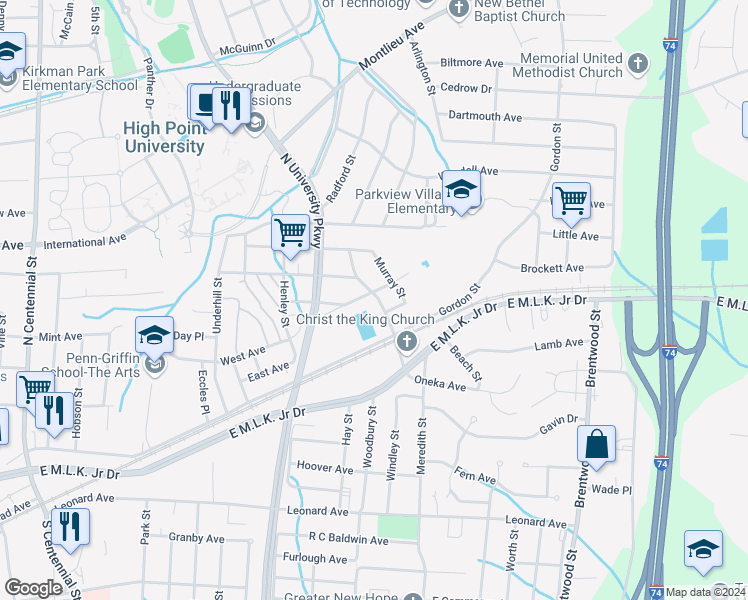 map of restaurants, bars, coffee shops, grocery stores, and more near 204 Hoskins Street in High Point