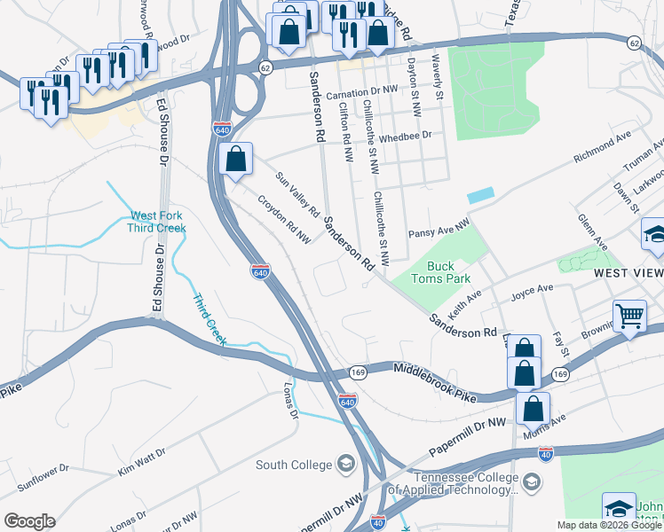 map of restaurants, bars, coffee shops, grocery stores, and more near 3809 Oakwood Lane in Knoxville