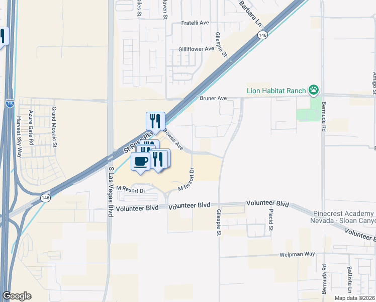 map of restaurants, bars, coffee shops, grocery stores, and more near Bowes Avenue in Henderson