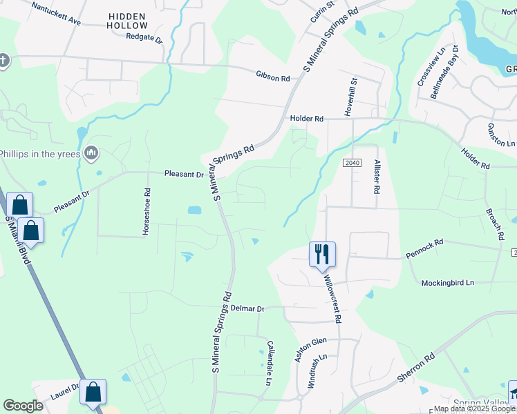 map of restaurants, bars, coffee shops, grocery stores, and more near 1023 South Mineral Springs Road in Durham
