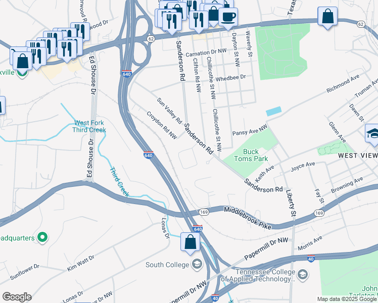map of restaurants, bars, coffee shops, grocery stores, and more near 3809 Oakwood Lane in Knoxville