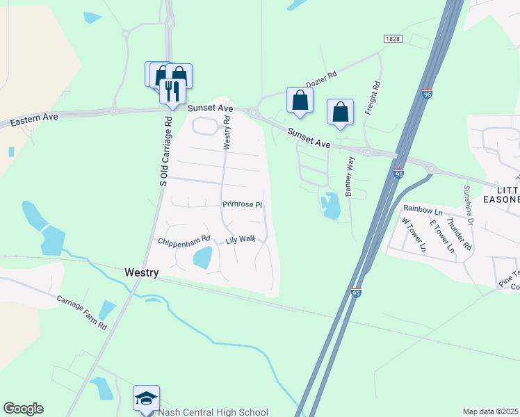 map of restaurants, bars, coffee shops, grocery stores, and more near 4601 Primrose Place in Rocky Mount