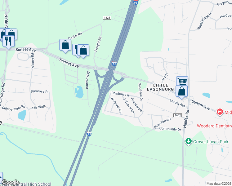 map of restaurants, bars, coffee shops, grocery stores, and more near 4525 Rainbow Lane in Rocky Mount