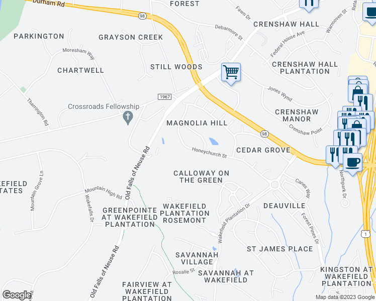 map of restaurants, bars, coffee shops, grocery stores, and more near 12529 Honeychurch Street in Raleigh