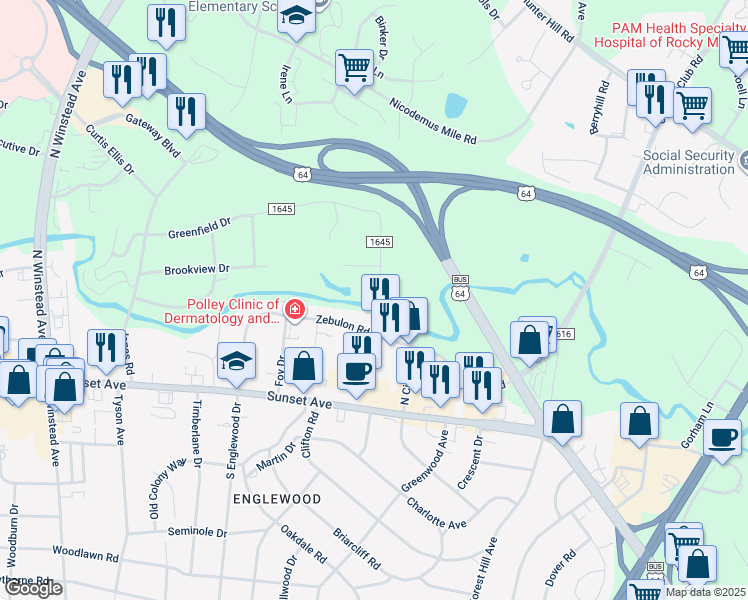 map of restaurants, bars, coffee shops, grocery stores, and more near Mansill Drive in Rocky Mount