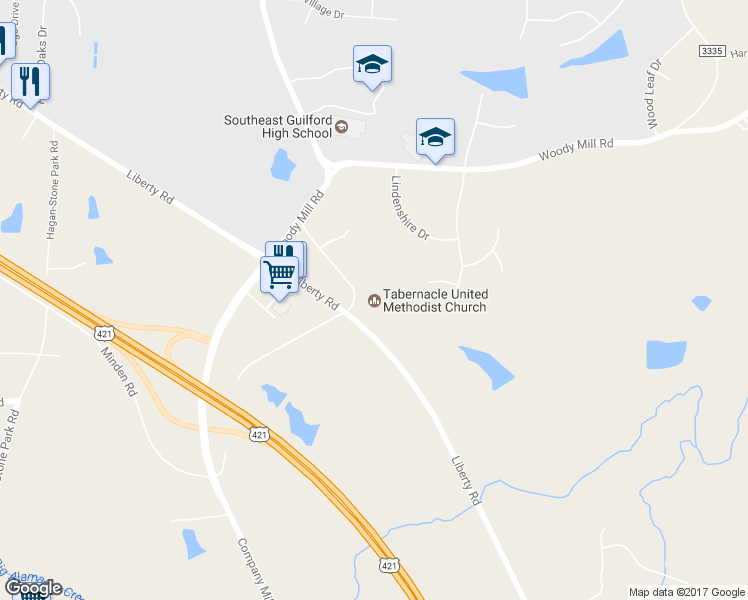 map of restaurants, bars, coffee shops, grocery stores, and more near 5601 Liberty Road in Greensboro