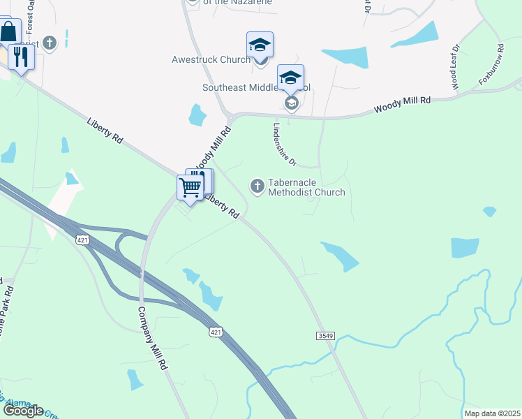 map of restaurants, bars, coffee shops, grocery stores, and more near 5601 Liberty Road in Greensboro