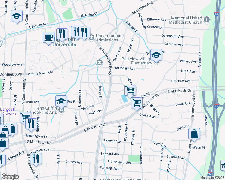 map of restaurants, bars, coffee shops, grocery stores, and more near 1703 Edmondson Place in High Point