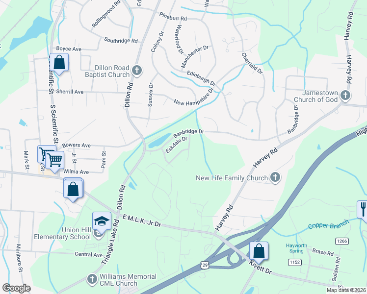 map of restaurants, bars, coffee shops, grocery stores, and more near 1691 Coryton Way in High Point