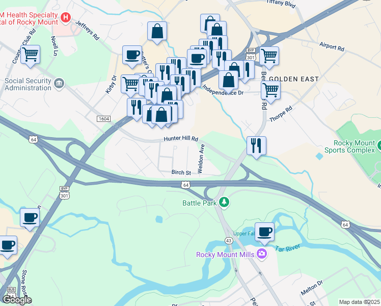 map of restaurants, bars, coffee shops, grocery stores, and more near 1409 Dogwood Avenue in Rocky Mount