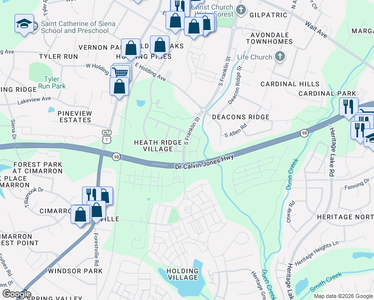 map of restaurants, bars, coffee shops, grocery stores, and more near in Wake Forest