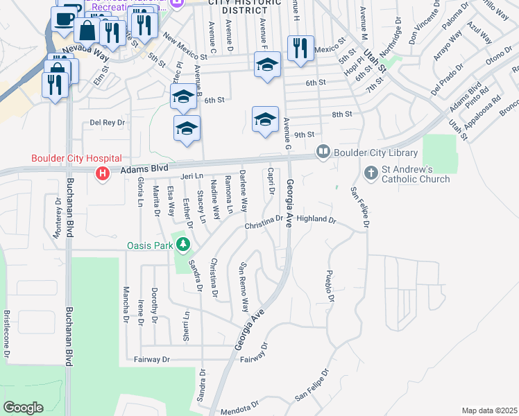 map of restaurants, bars, coffee shops, grocery stores, and more near 1307 Darlene Way in Boulder City