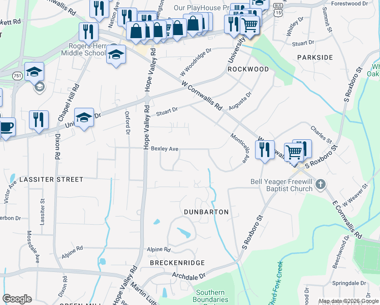 map of restaurants, bars, coffee shops, grocery stores, and more near 2624 Bexley Avenue in Durham