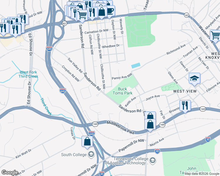 map of restaurants, bars, coffee shops, grocery stores, and more near 2106 Chillicothe Street Northwest in Knoxville