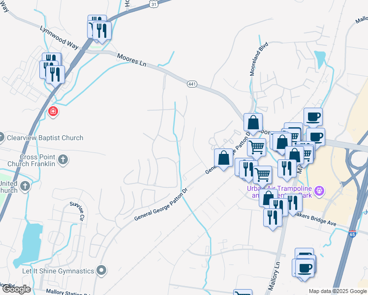 map of restaurants, bars, coffee shops, grocery stores, and more near 425 Cook's Court in Brentwood