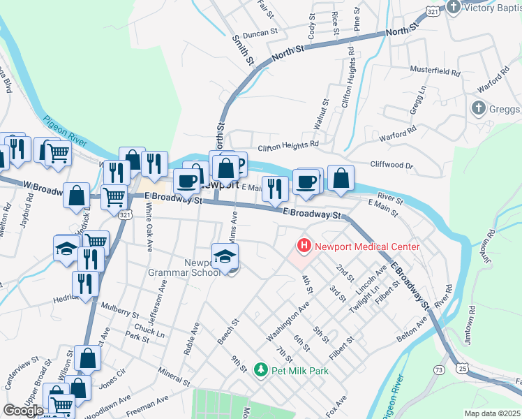 map of restaurants, bars, coffee shops, grocery stores, and more near 335 East Broadway Street in Newport