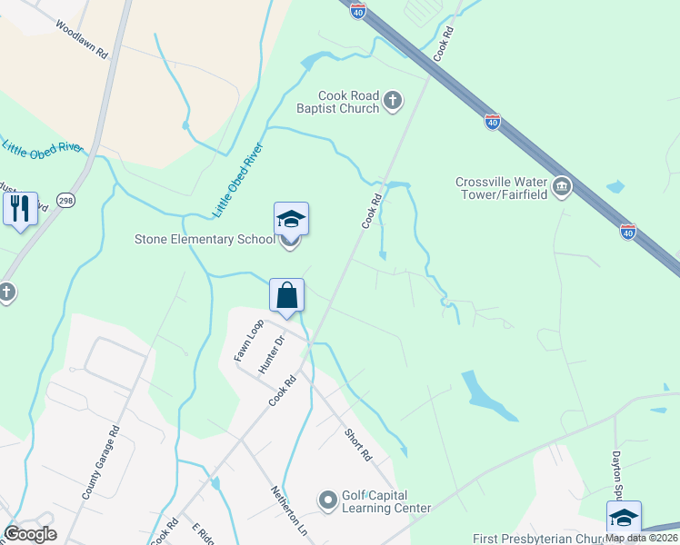 map of restaurants, bars, coffee shops, grocery stores, and more near 34 Hilltop Drive in Fairfield Glade