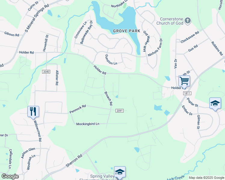 map of restaurants, bars, coffee shops, grocery stores, and more near 401 Broach Road in Durham