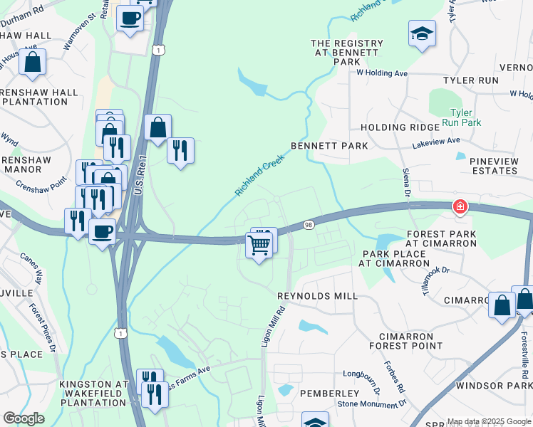 map of restaurants, bars, coffee shops, grocery stores, and more near 521 Granite Grove Loop in Wake Forest