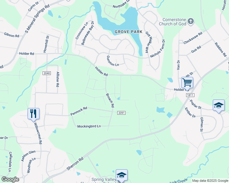 map of restaurants, bars, coffee shops, grocery stores, and more near 401 Broach Road in Durham