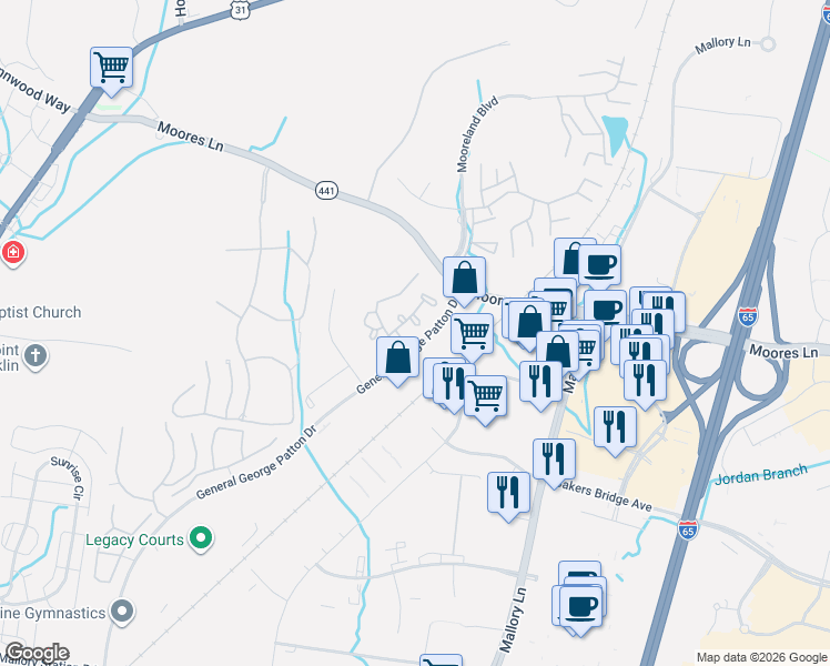 map of restaurants, bars, coffee shops, grocery stores, and more near 215 Brentwood Pointe in Brentwood