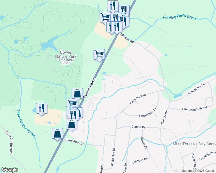 map of restaurants, bars, coffee shops, grocery stores, and more near 7338 Planters Road in Fairview