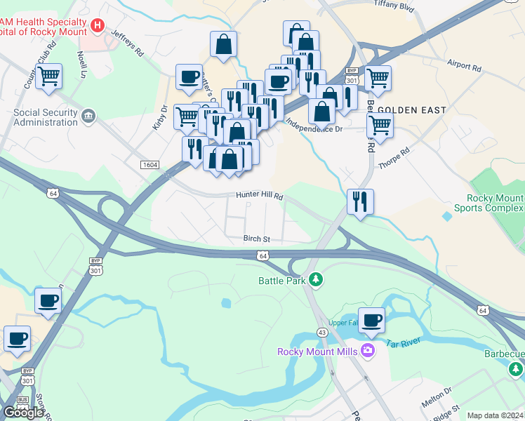 map of restaurants, bars, coffee shops, grocery stores, and more near 1408 Dogwood Avenue in Rocky Mount
