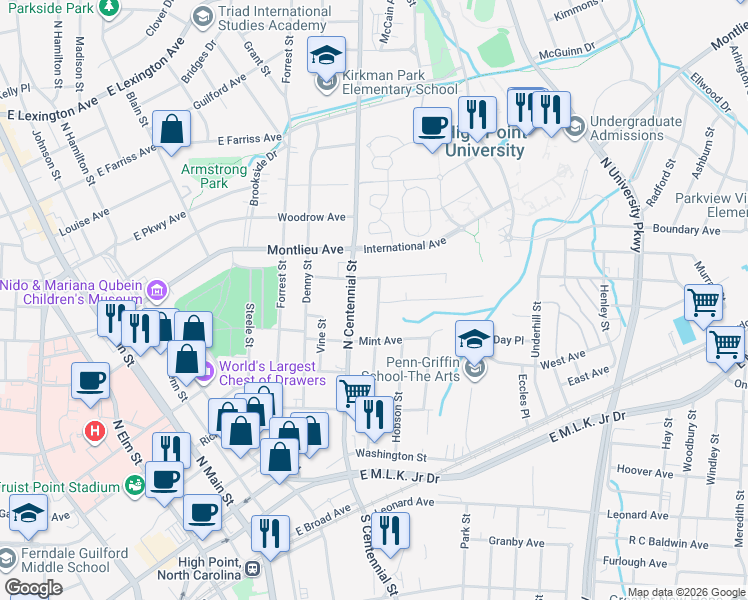 map of restaurants, bars, coffee shops, grocery stores, and more near 708 Barbee Avenue in High Point