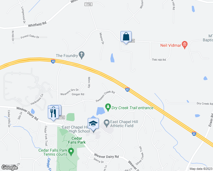 map of restaurants, bars, coffee shops, grocery stores, and more near 102 Yukon Lane in Chapel Hill