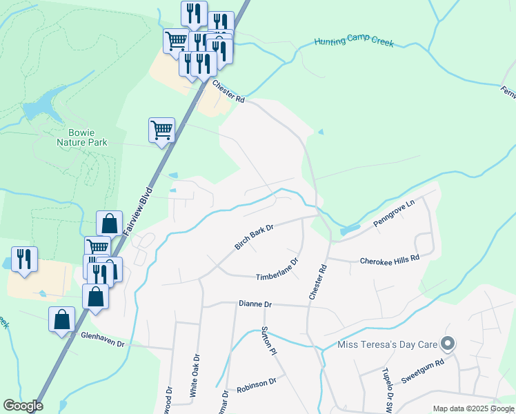 map of restaurants, bars, coffee shops, grocery stores, and more near 7308 Meadowwood Court in Fairview