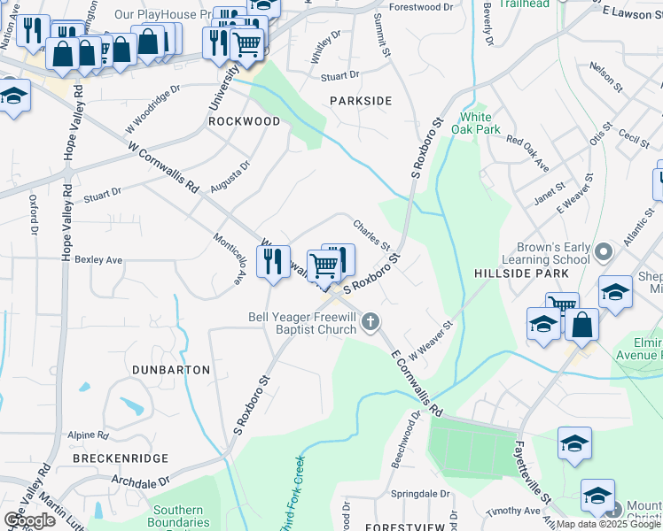 map of restaurants, bars, coffee shops, grocery stores, and more near 2500 South Roxboro Street in Durham