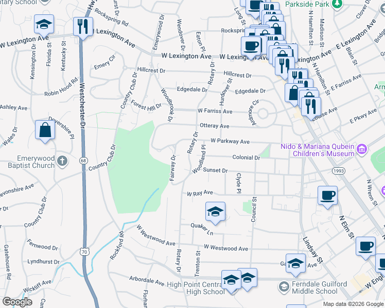 map of restaurants, bars, coffee shops, grocery stores, and more near 1213 North Rotary Drive in High Point
