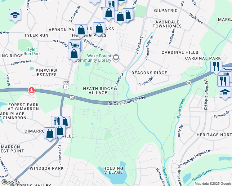 map of restaurants, bars, coffee shops, grocery stores, and more near in Wake Forest