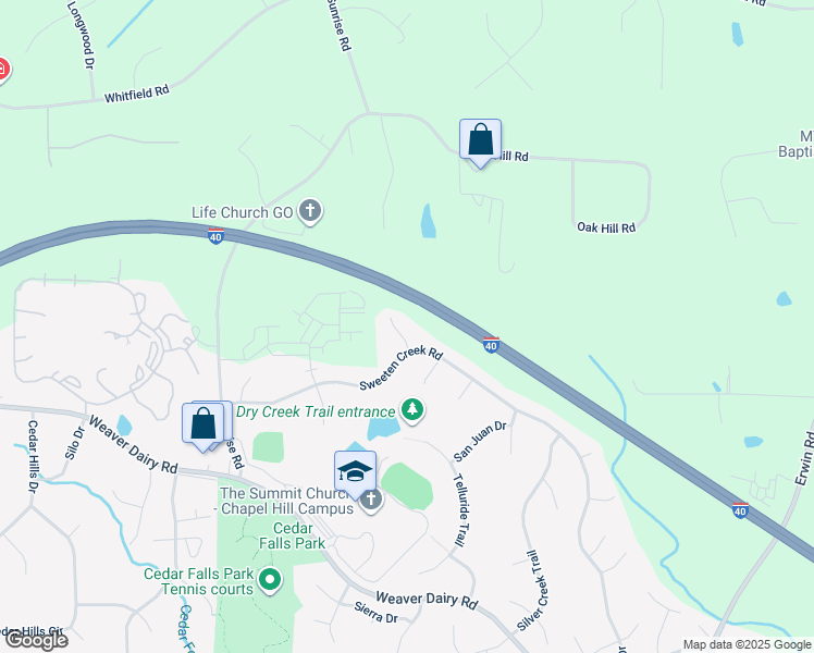 map of restaurants, bars, coffee shops, grocery stores, and more near 102 Yukon Lane in Chapel Hill