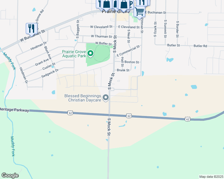 map of restaurants, bars, coffee shops, grocery stores, and more near 701 South Mock Street in Prairie Grove