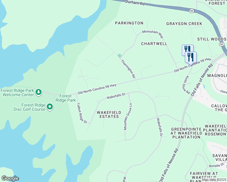 map of restaurants, bars, coffee shops, grocery stores, and more near 6540 Wakefalls Drive in Wake Forest