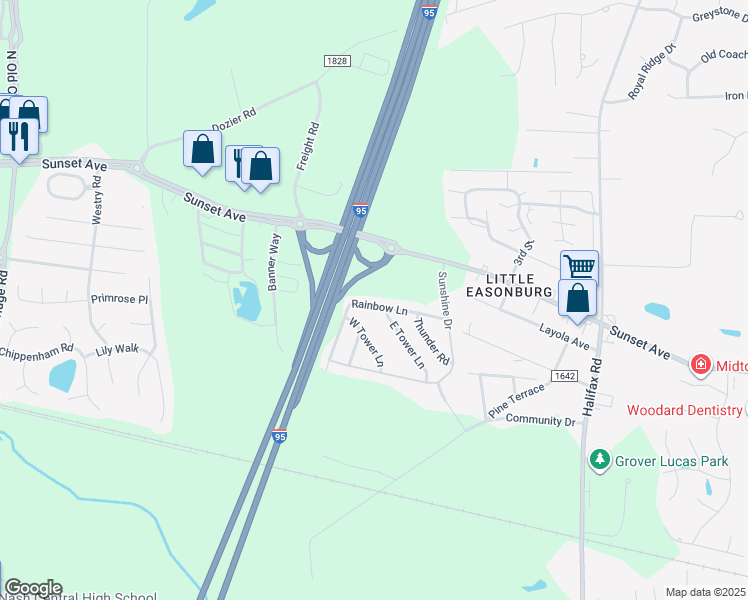 map of restaurants, bars, coffee shops, grocery stores, and more near 4525 Rainbow Lane in Rocky Mount