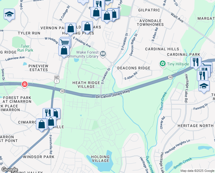 map of restaurants, bars, coffee shops, grocery stores, and more near 820 Laurel Gate Drive in Wake Forest